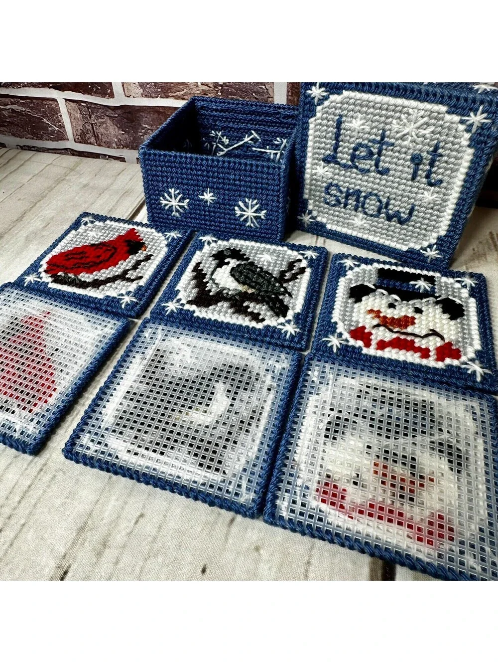 Vintage “Let It Snow” Handmade Coasters and Holder Plastic Canvas Set of 6